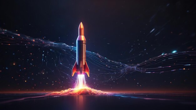 Dünne Linien verbinden sich, um eine digitale Rakete zu bilden, die mit Licht und Energie leuchtet, während sie in die