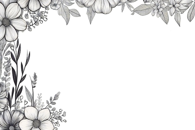 Dünne Linienkunst mit leeren Blumenrand auf weißem Hintergrund