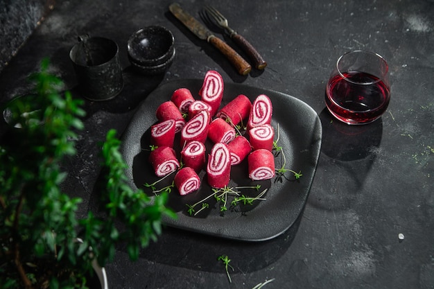 Dünne rote Pfannkuchen. Brötchen mit Rote-Bete-Pfannkuchen mit Frischkäse