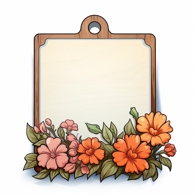 dünnes Schild einzelne Holzbasis mit Blumen keine Nachricht Cartoon-Stil weißer Hintergrund