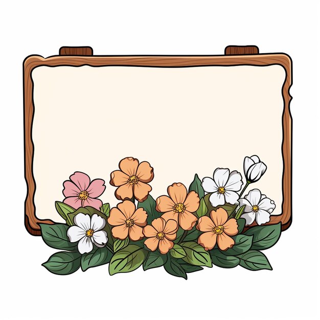 dünnes Schild einzelne Holzbasis mit Blumen keine Nachricht Cartoon-Stil weißer Hintergrund