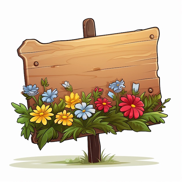 dünnes Schild einzelne Holzbasis mit Blumen keine Nachricht Cartoon-Stil weißer Hintergrund