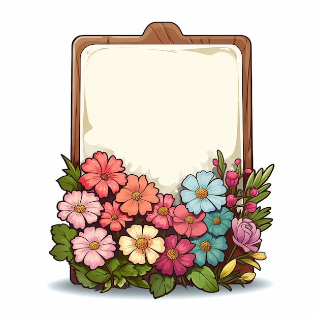 dünnes Schild einzelne Holzbasis mit Blumen keine Nachricht Cartoon-Stil weißer Hintergrund