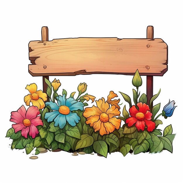 dünnes Schild einzelne Holzbasis mit Blumen keine Nachricht Cartoon-Stil weißer Hintergrund