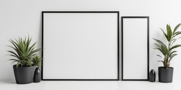 Dünnes schwarzes Rahmen-Mockup auf einer weißen Studio-Wand