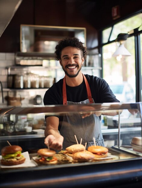 el dueño del café sonriente quitando la hamburguesa del gabinete de exhibición en la cafetería