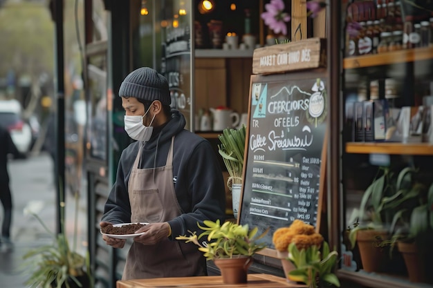 El dueño del café usando una máscara facial publicando un tablero con ofertas especiales de Corona