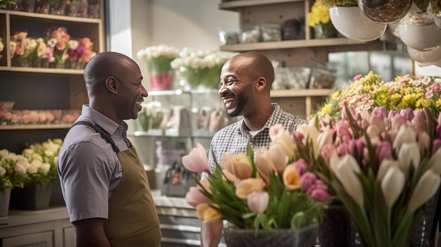 El dueño de una floristería habla con un cliente para ayudarlo a elegir un ramo de flores