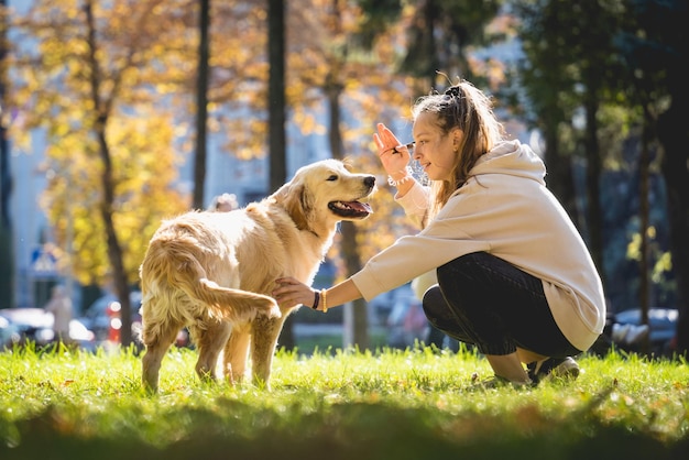 El dueño juega al perro golden retriever en el parque.