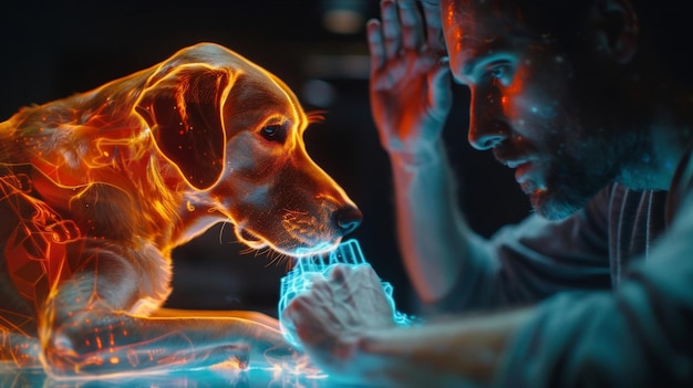 Foto un dueño de mascotas estudia una proyección holográfica de la anatomía de sus mascotas aprendiendo sobre su raza única