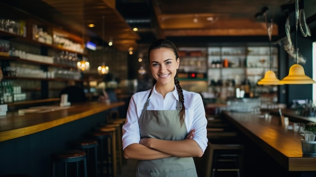 El dueño de un pequeño restaurante mirando a la cámara, una camarera feliz sosteniendo una tableta.