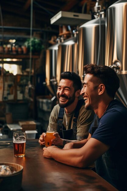 Foto dueños de negocios masculinos trabajando y bebiendo cerveza en la cervecería