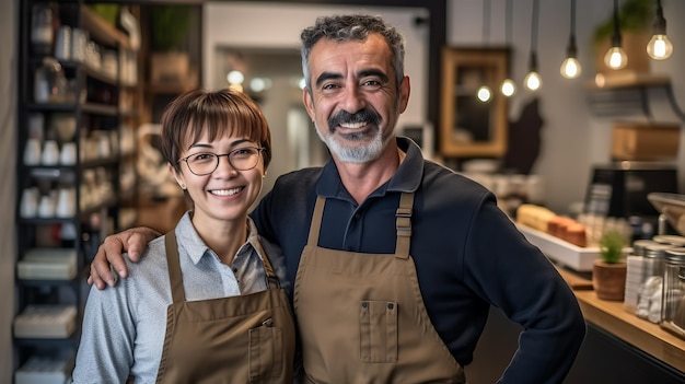 Foto dueños de negocios en su café