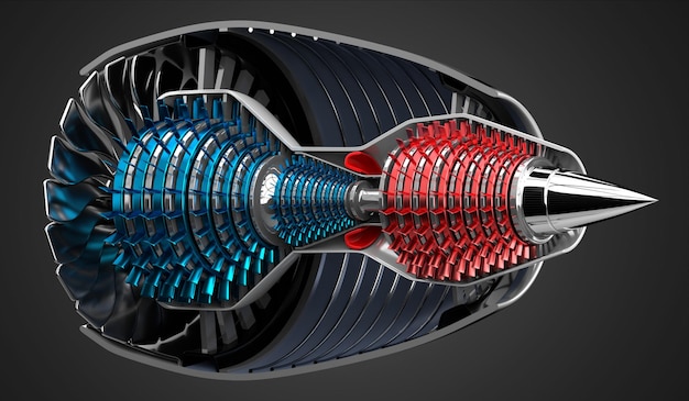 Düsentriebwerk innen auf grauem Hintergrund 3D-Illustration