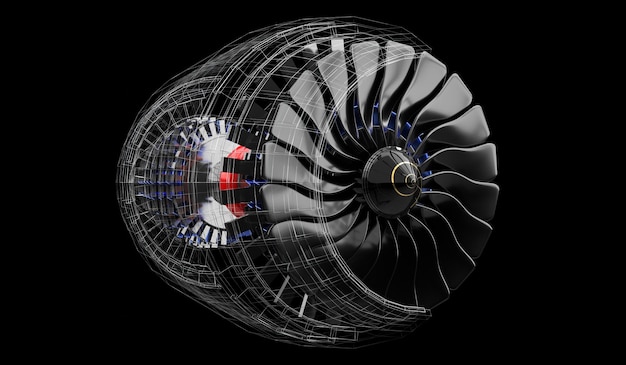 Düsentriebwerk innen auf schwarzem Hintergrund 3D-Illustration