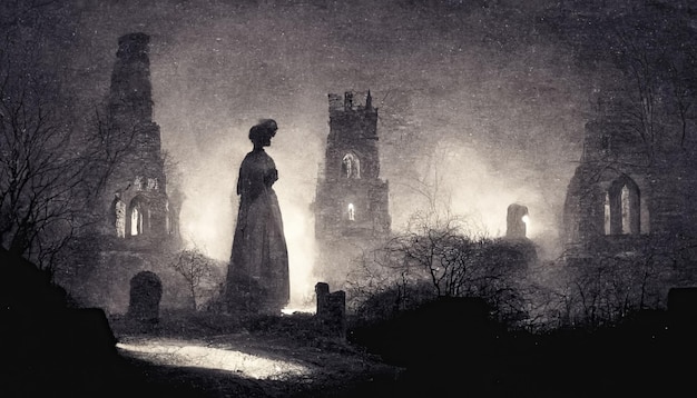 Düstere dunkle Landschaft alter viktorianischer Fotostil Geister in verlassenen Kirchenruinen 3D-Illustration