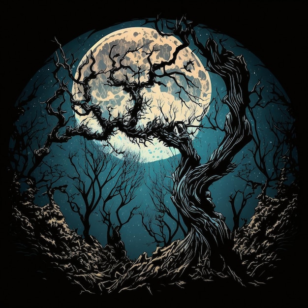 Düstere grafische Illustration von knorrigen Bäumen auf dem Hintergrund des Mondes
