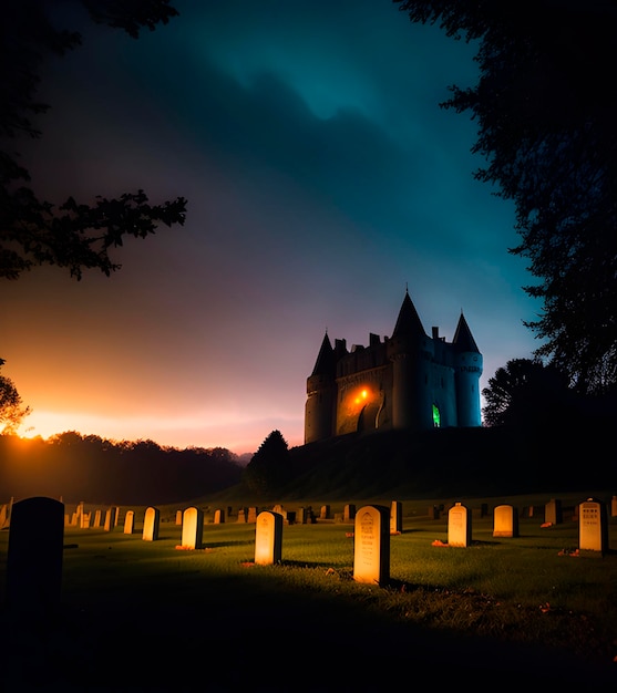 Düsterer Halloween-Hintergrund mit Kerzen mit beleuchteten Kürbissen auf dem Friedhof bei Nacht mit AG