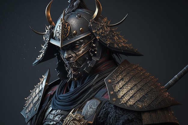 Düsterer Samurai-Krieger mit Rüstung, schwarzem Hintergrund. Generative KI