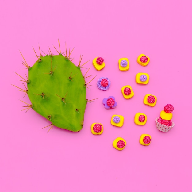 Dulce amante de los dulces y cactus. Flatlay de moda minimalista
