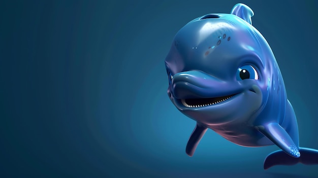 Dulce y amigable delfín azul sonriendo y mirando a la cámara renderización 3D de un personaje de dibujos animados