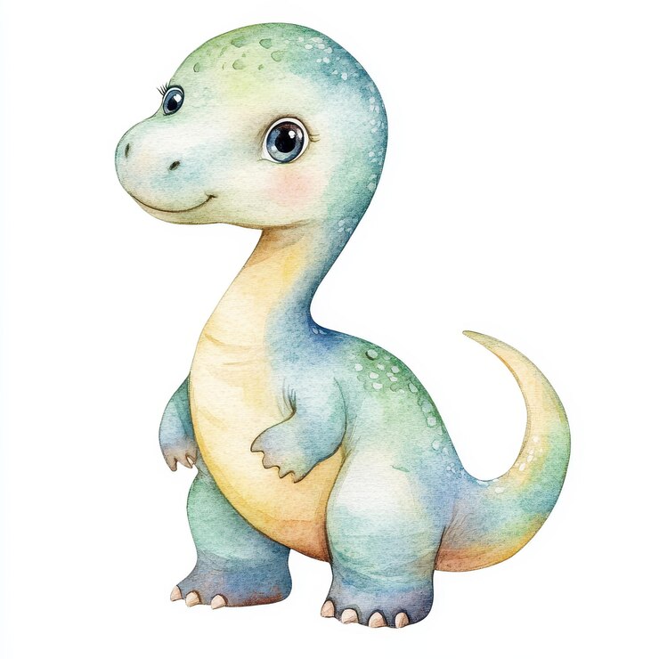 El dulce bebé Apatosaurio en una suave ilustración de acuarela sobre un fondo blanco