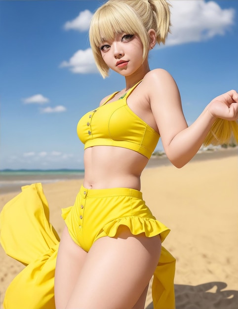 Dulce y caliente joven anime en la playa con un vestido amarillo jugando
