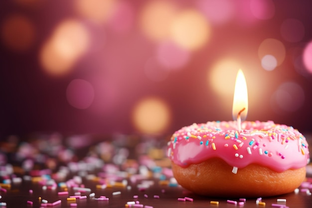 Dulce celebración donut rosa con una vela encendida en medio de luces bokeh IA generativa