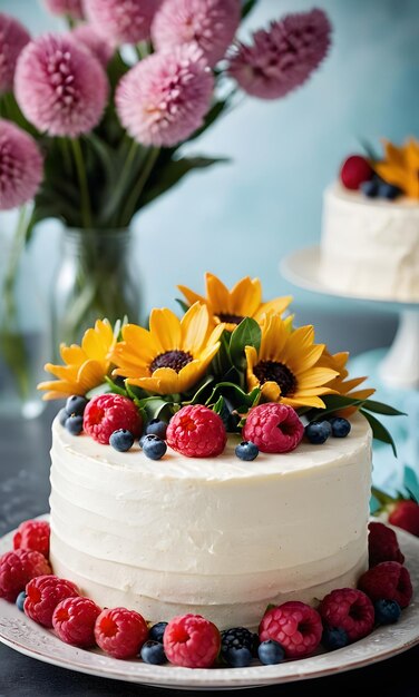 Dulce deleite de cumpleaños Flores amarillas en la decoración de un pastel recién horneado