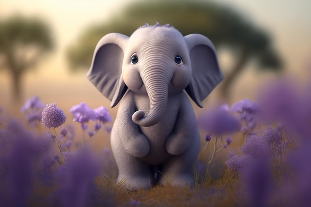 Foto dulce elefantito entre los campos de lavanda