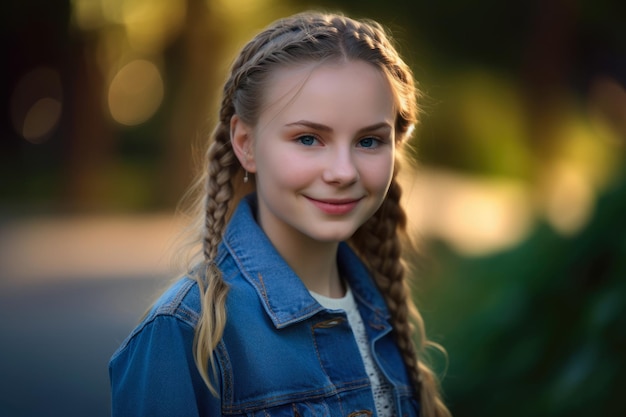 Dulce y encantador retrato de una adolescente con cabello trenzado y un lindo vestido