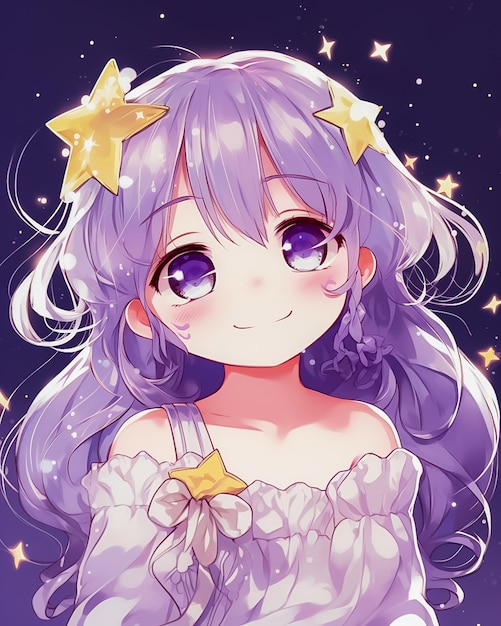 Dulce y encantadora niña con cabello violeta y lazo Sonrisa linda Estilo anime feliz Generado por IA