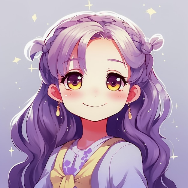 Dulce y encantadora niña con cabello violeta y lazo Sonrisa linda Estilo anime feliz Generado por IA