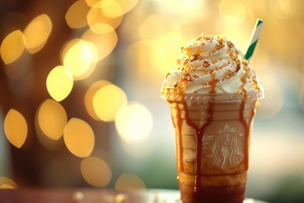 Dulce felicidad bebiendo un Frappuccino de caramelo con crema batida