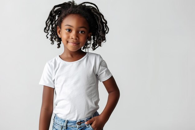 Dulce garota afro-americana com um cenário branco e um espaço de camiseta branca solitária