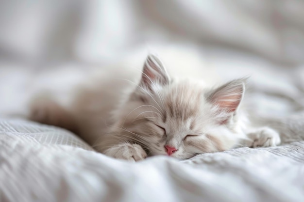 Dulce gatito Ragdoll con pelaje gris y nariz rosa duerme en la cama linda mascota divertida y adorable