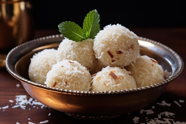 Dulce indio Nariyal laddu o bolas dulces de azúcar de coco hechas con leche condensada