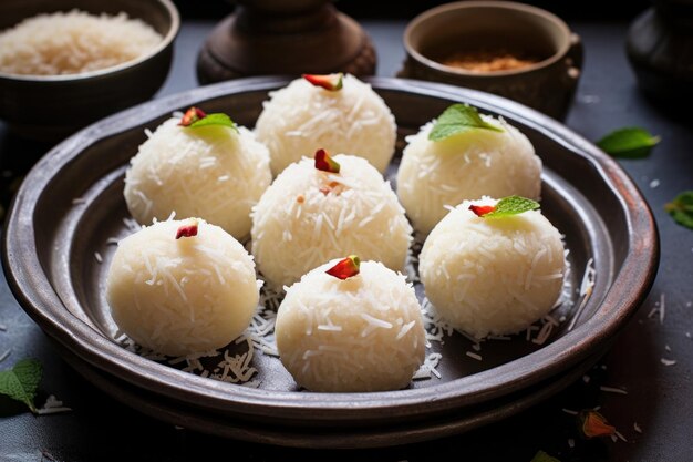 Foto dulce indio nariyal laddu o bolas dulces de azúcar de coco hechas con leche condensada