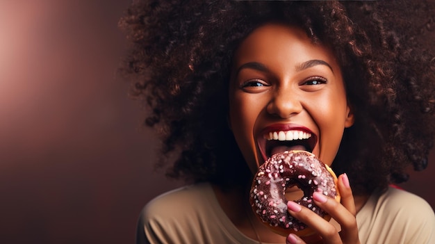 Dulce indulgencia Una mujer negra disfruta de una rosquilla de chocolate con salpicaduras sonriendo en puro deleite culinario