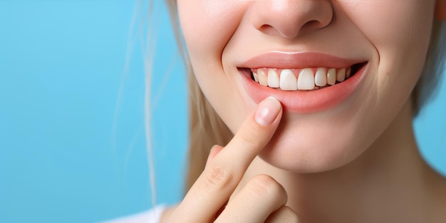 Una dulce mujer sonríe y señala con el dedo sus encías y dientes sanos sobre un fondo azul