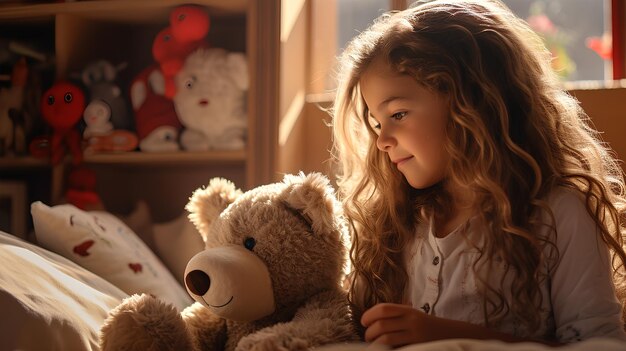 Foto dulce niña de 10 años jugando con un oso de peluche en la habitación de sus hijos