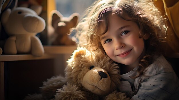 Foto dulce niña de 10 años jugando con un oso de peluche en la habitación de sus hijos