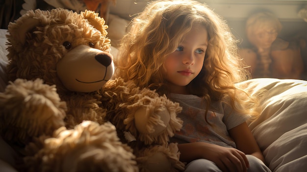 Dulce niña de 10 años jugando con un oso de peluche en la habitación de sus hijos