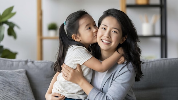 La dulce niña asiática está abrazando y besando a su hermosa madre en la mejilla mientras está sentada en