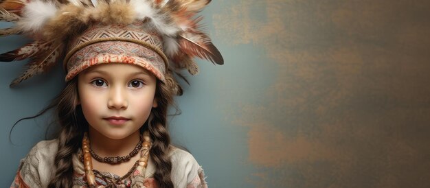 Un dulce niño vestido como miembro de una tribu nativa americana aislado fondo pastel espacio de copia