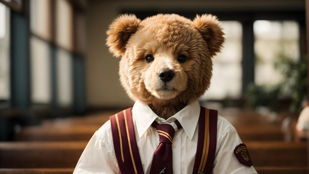 Un dulce osito de peluche con un impecable uniforme escolar y una suave sonrisa en su rostro.