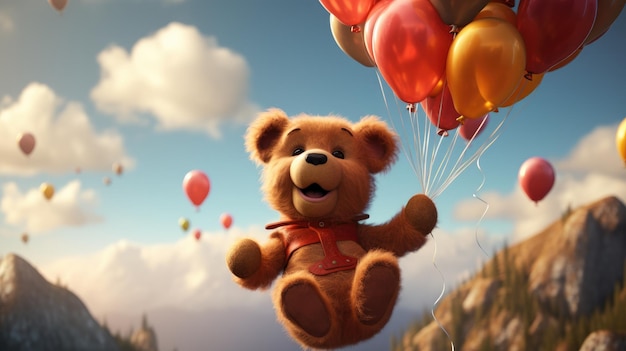 Un dulce oso de peluche 3D alcanzando globos flotantes con una sonrisa