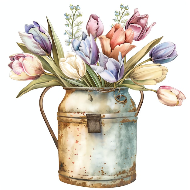 dulce pascua lata de leche anticuada con tulipanes de Pascua con flores silvestres en estilo vintage