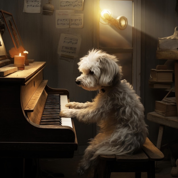 El dulce perro pianista toca el piano.