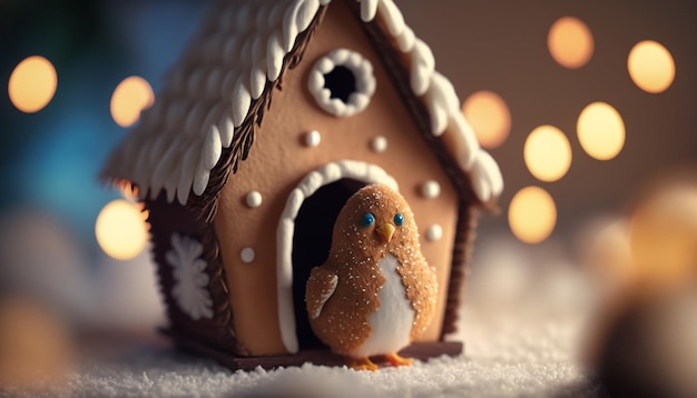 Dulce y picante Un pollo de pan de jengibre frente a una casa de pan de jengibre